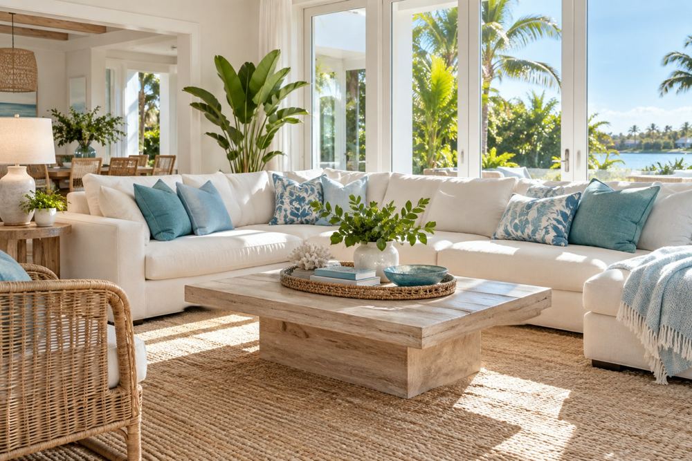 Illustrative sunlit living room with a fresh, tidy interior